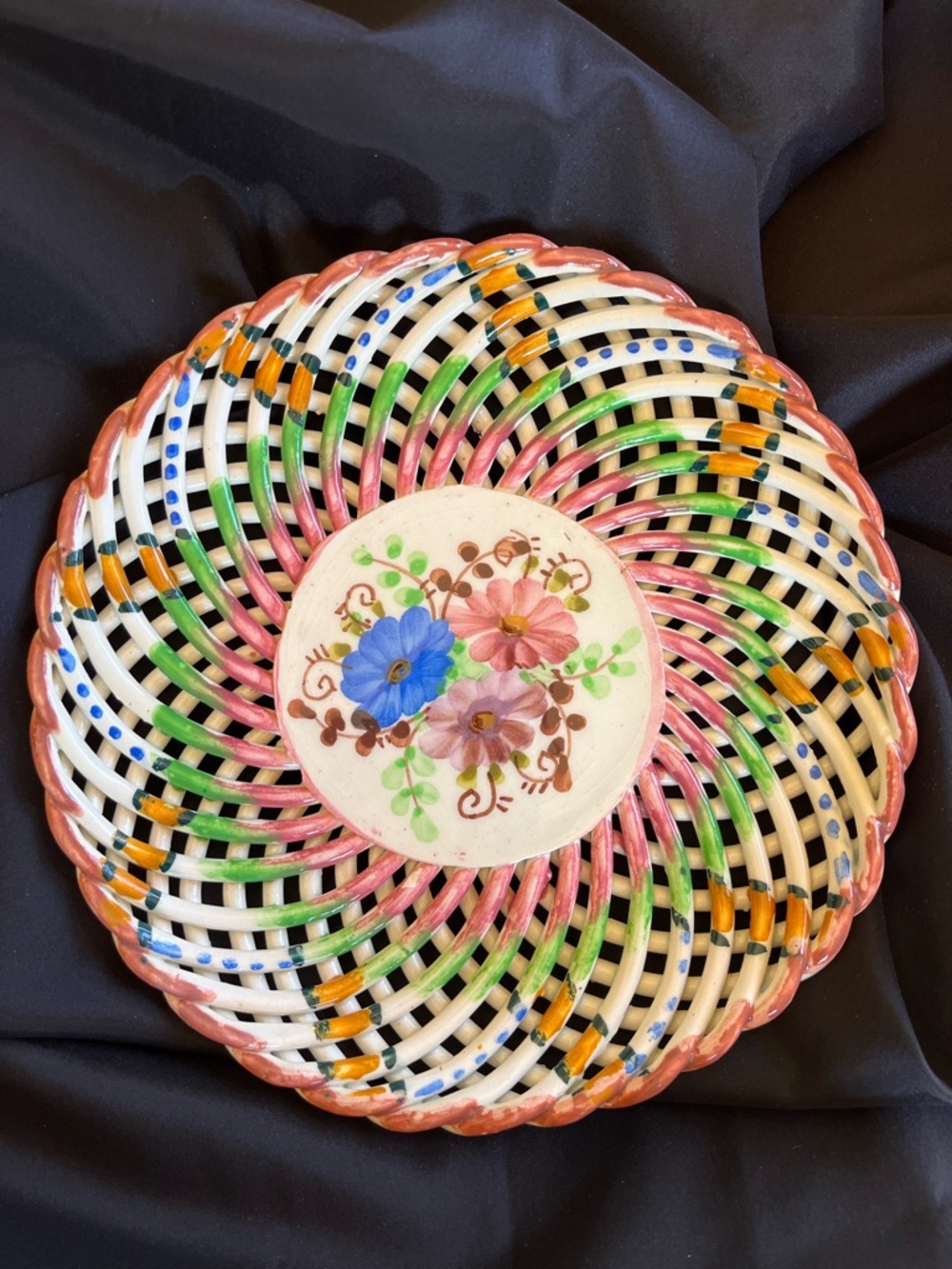 Vintage Spanish Hand Painted Basket Weave Plate